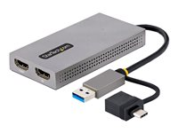 StarTech.com USB to Dual HDMI Adapter, USB A/C to 2x HDMI Monitors (1x 4K 30Hz, 1x 1080p), Integrated USB-A to C Dongle, 4in/11cm Cable, Windows & macOS - USB 3.0 to HDMI Multi-Monitor Display Adapter for Laptop (107B-USB-HDMI) - Videokort - USB typ A, USB-C hane till 2 x 19 pin HDMI Type A hona - grå - stöd för 4K 107B-USB-HDMI